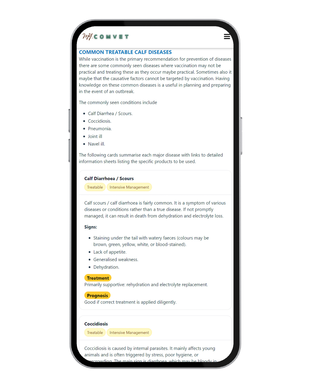 Screenshot of the My Comvet calf care section