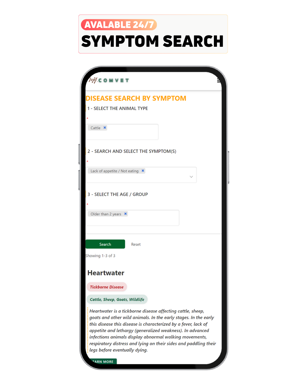 Screenshot of My Comvet symptom search in the Disease Directory