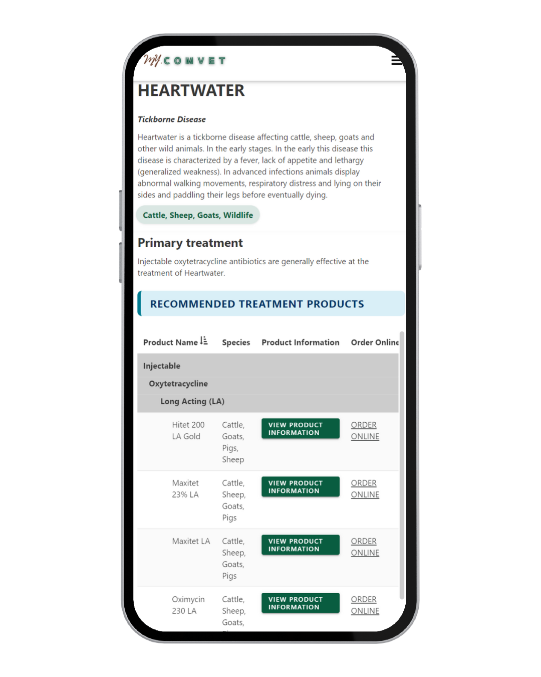 Screenshot of the My Comvet Product Search feature