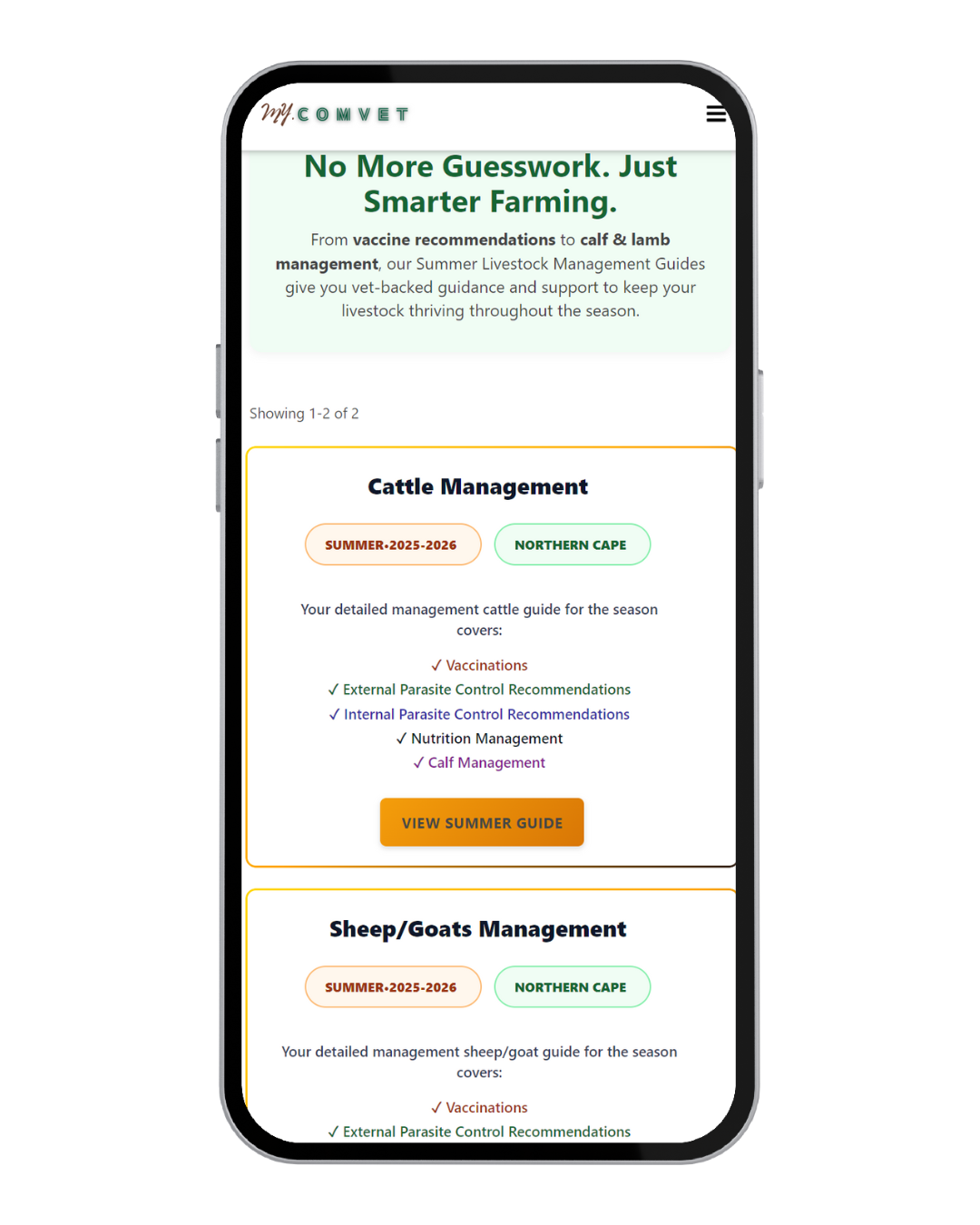 Screenshot of the My Comvet seasonal guides landing page.